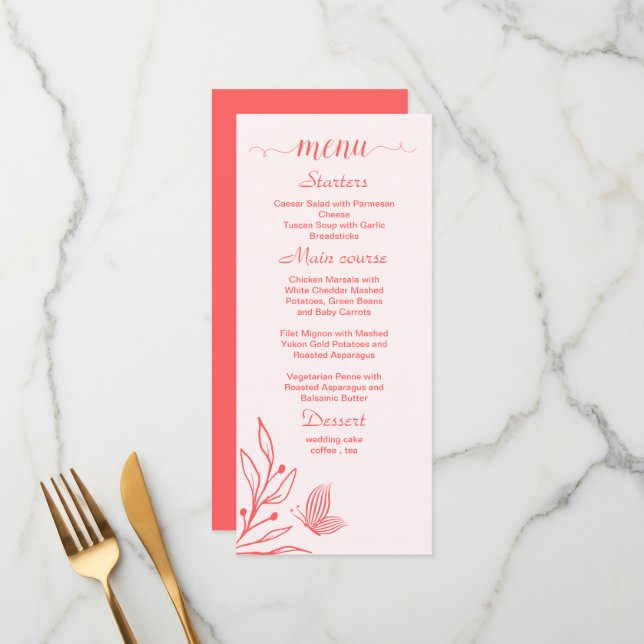 Simple coral pink floral wedding menu (Front/Back In Situ)