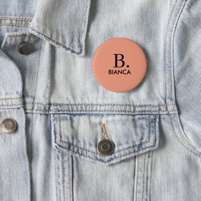 Simple coral pink minimalist monogram 6 cm round badge (In Situ)