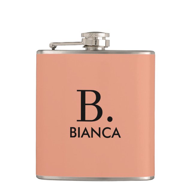 Simple coral pink minimalist monogram hip flask (Front)