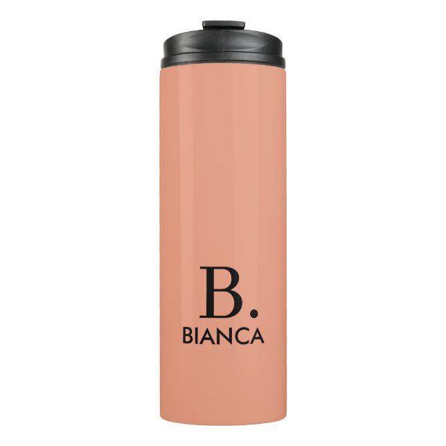 Simple coral pink minimalist monogram thermal tumbler (Front)