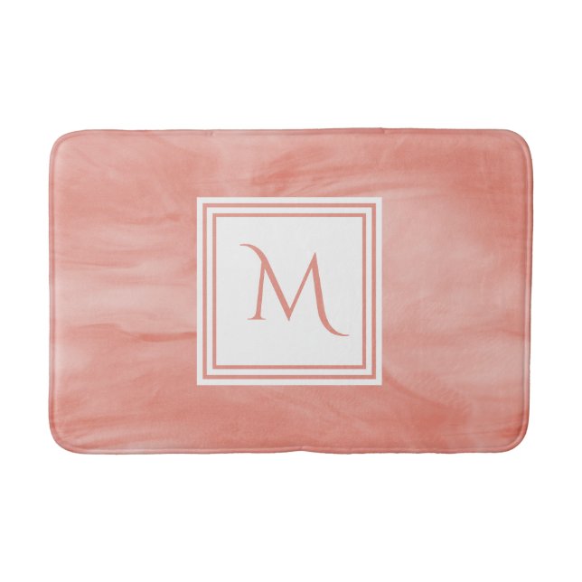 Simple Coral Pink Subtle Marble Modern Monogram Bath Mat (Front)