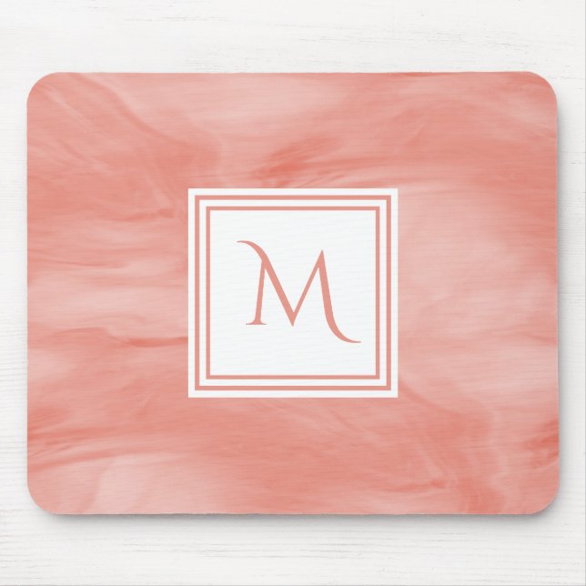 Simple Coral Pink Subtle Marble Modern Monogram Mouse Mat (Front)