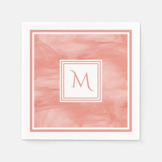 Simple Coral Pink Subtle Marble Modern Monogram Napkin (Front)