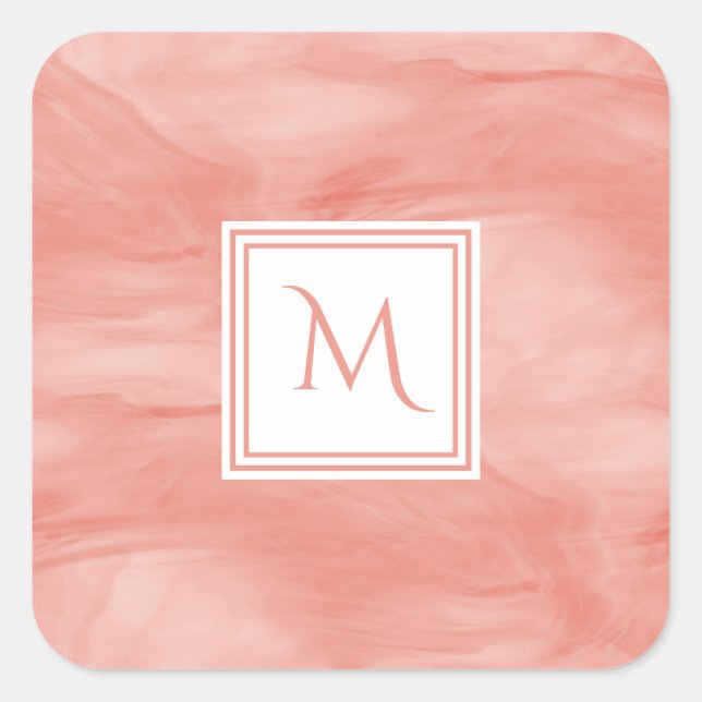 Simple Coral Pink Subtle Marble Modern Monogram Square Sticker (Front)