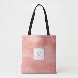 Simple Coral Pink Subtle Marble Modern Monogram Tote Bag