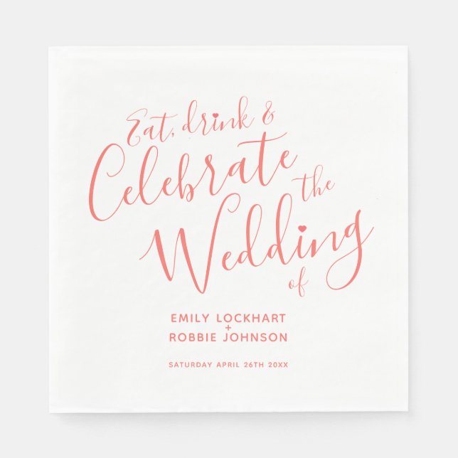 Simple coral script text on white wedding napkins (Front)