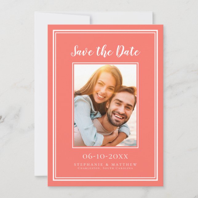Simple Coral Wedding Engagement Picture Modern Save The Date (Front)
