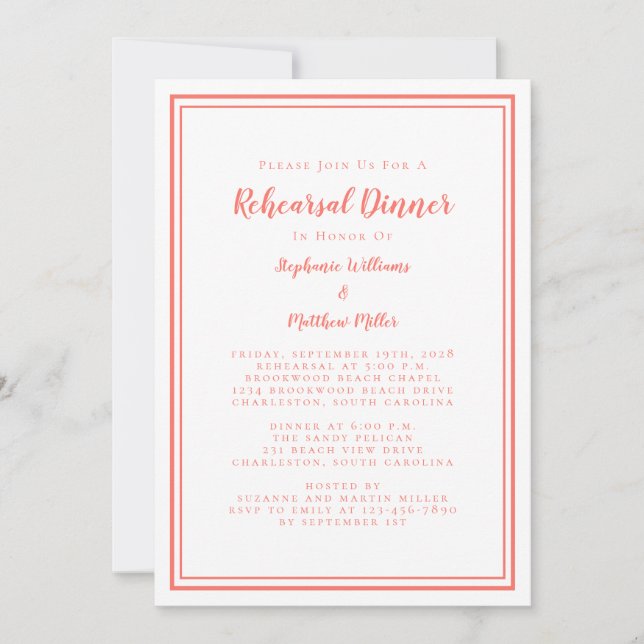 Simple Coral & White Wedding Rehearsal Dinner Invitation (Front)