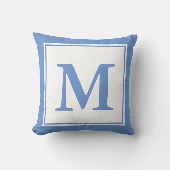 Simple Cornflower Blue and White Monogrammed Cushion (Front)
