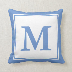 Simple Cornflower Blue and White Monogrammed Cushion