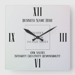 Simple Corporate Brand Logo, Photo Name and Values Square Wall Clock