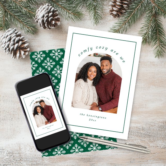 Simple Cosy Green White Snowflake Holiday Photo (Simple Cozy Green White Snowflake Holiday Photo Christmas Card with digital download)