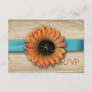 Simple Country Sunflower Wedding RSVP Aqua Blue Card