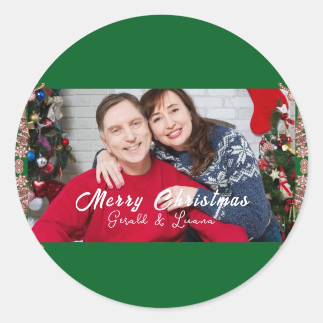 Simple Couple Christmas Frame Photo Green Classic Round Sticker (Front)