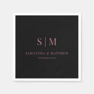 Simple Couple Initials Black and Rose Gold Wedding Napkin