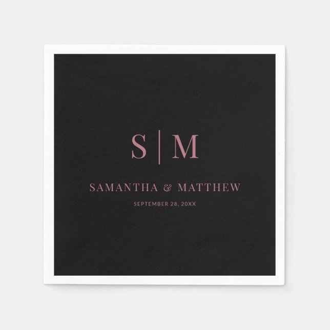 Simple Couple Initials Black and Rose Gold Wedding Napkin (Front)
