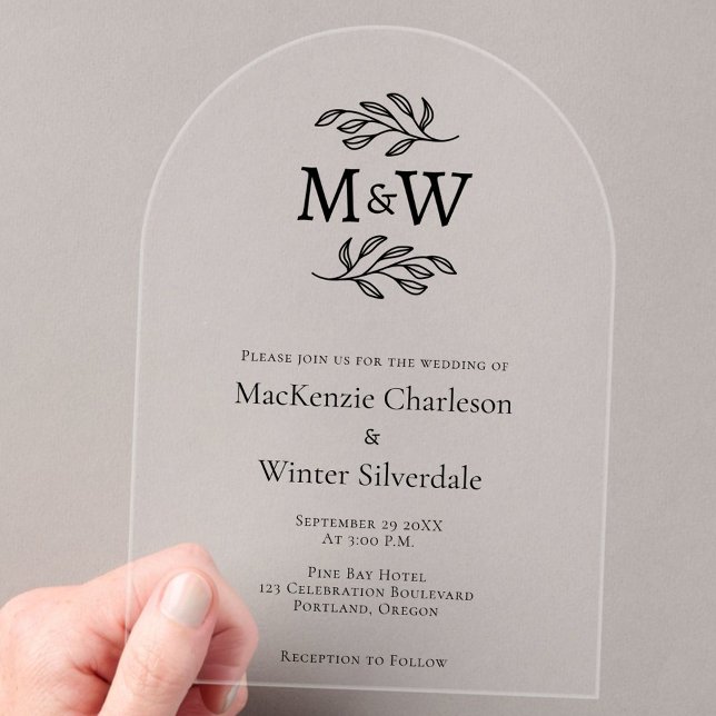 Simple Couple Monogram Initials Minimalist Wedding Acrylic Invitations (Modern acrylic arch wedding invitation with couple monogram initials and botanical leaf sprig art)