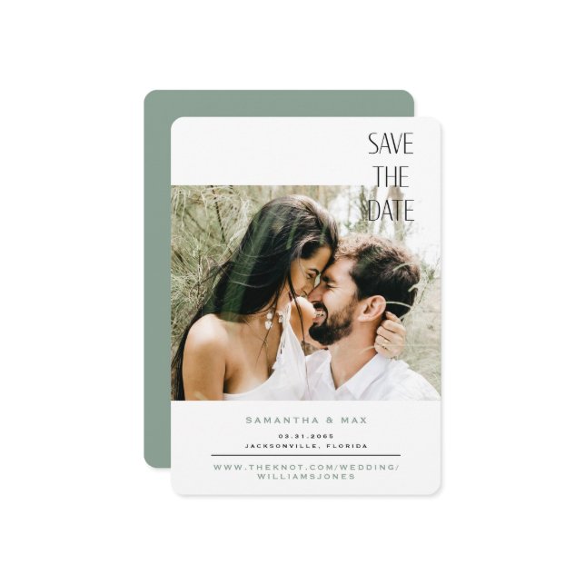 Simple Couple Photo Sage Rounded Save the Date (Front/Back In Situ)
