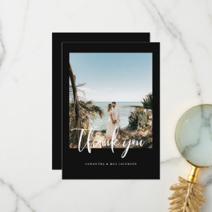 Simple Couple Photo Wedding Black Thank You Card