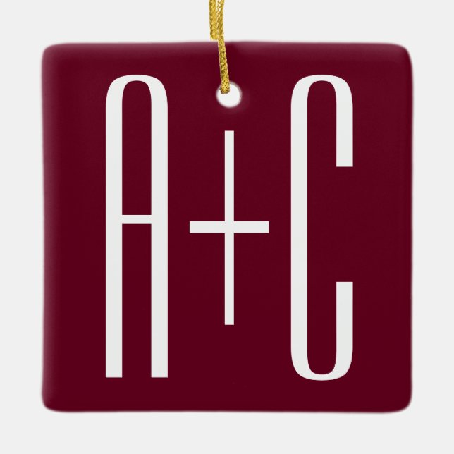 Simple Couples Initials | White & Burgundy Ceramic Ornament (Front)