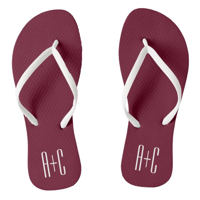 Simple Couples Initials | White & Burgundy Flip Flops (Footbed)