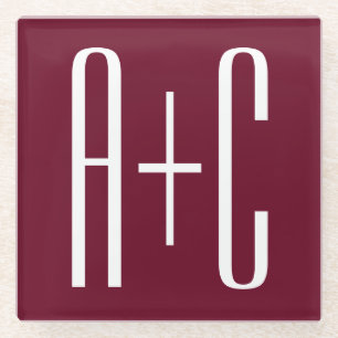Simple Couples Initials White & Burgundy Glass Coaster