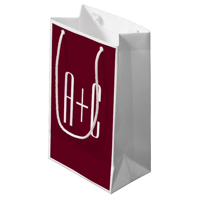 Simple Couples Initials | White & Burgundy Small Gift Bag (Front Angled)