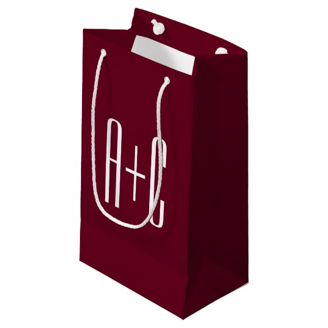 Simple Couples Initials | White & Burgundy Small Gift Bag (Front Angled)