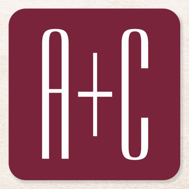 Simple Couples Initials | White & Burgundy Square Paper Coaster (Front)