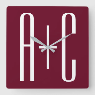 Simple Couples Initials   White & Burgundy Square Wall Clock