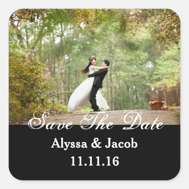 Simple Couples Photo Save the Date Wedding Square Sticker (Front)