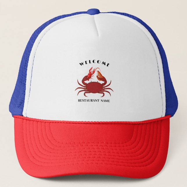 Simple crab shrimp seafood Restaurant logo name Trucker Hat (Front)