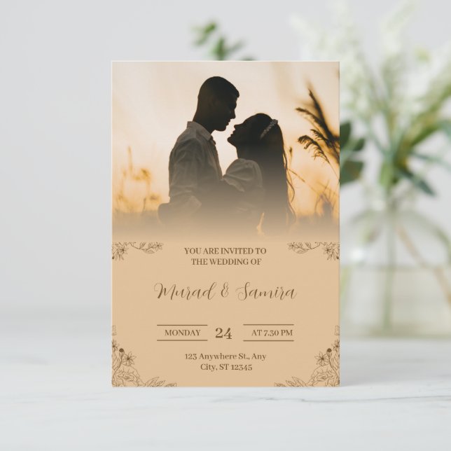 Simple cream and brown wedding invitation (Standing Front)