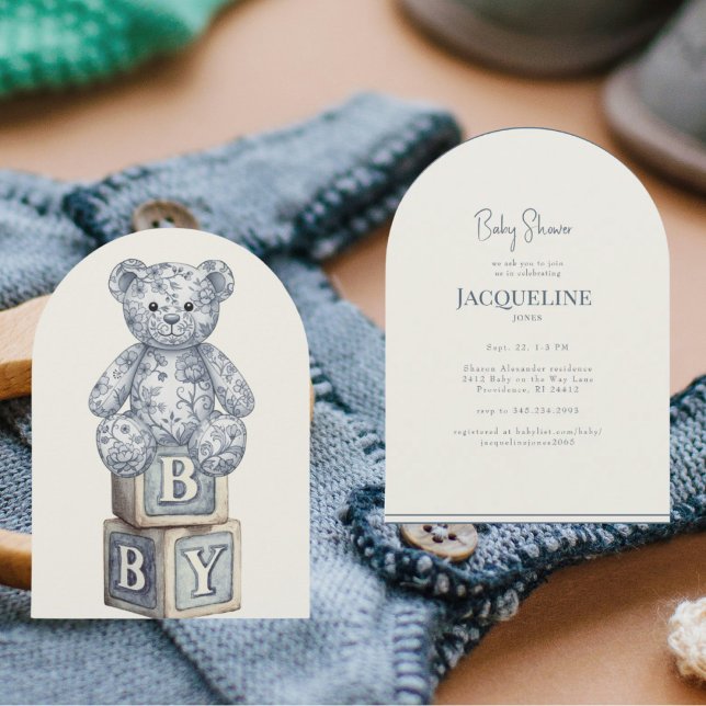 Simple Cream & Blue Teddy Bear Arch Baby Shower Invitation (Creator Uploaded)