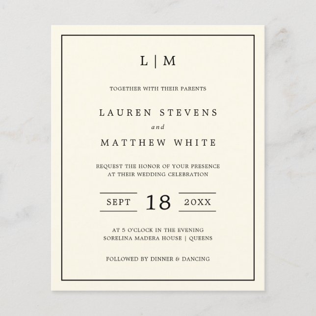 Simple Cream Monogram Budget Wedding Invite (Front)
