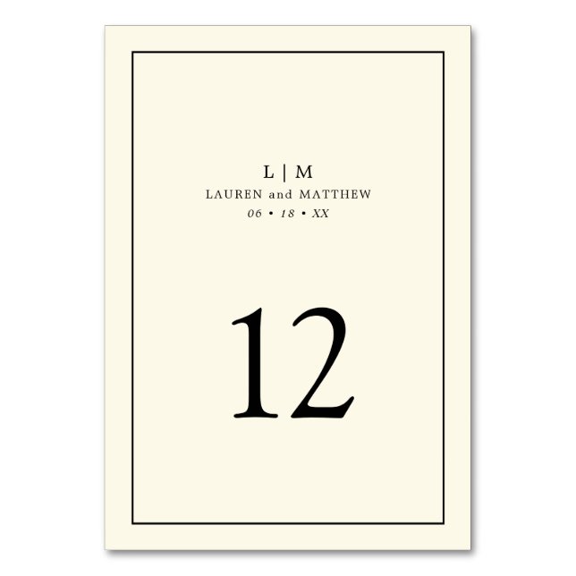 Simple Cream Monogram Elegant Wedding Table Number (Front)