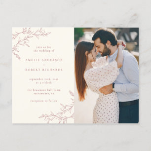 Simple Cream & Muted Red Foliage Photo Wedding Invitation Postcard