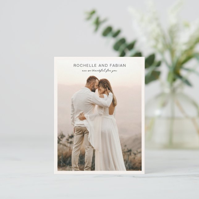 Simple Cream Photo Elegant Wedding Thank You Card (Standing Front)