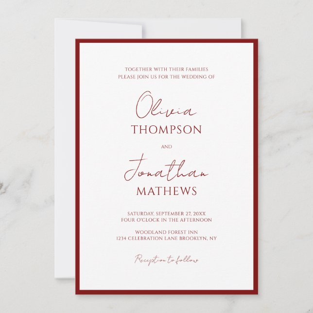 Simple Crimson Red Border Script Photo Wedding Invitation (Front)
