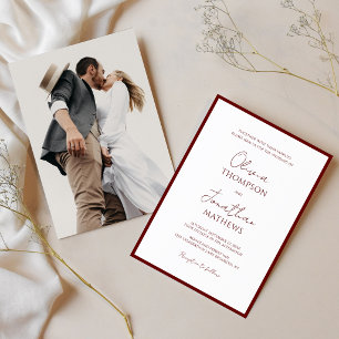 Simple Crimson Red Border Script Photo Wedding Invitation