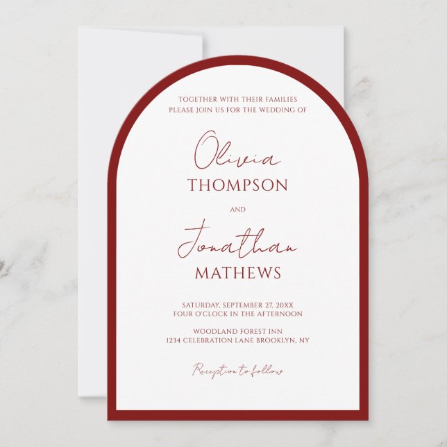 Simple Crimson Red Border Script Wedding Arch Invitation (Front)
