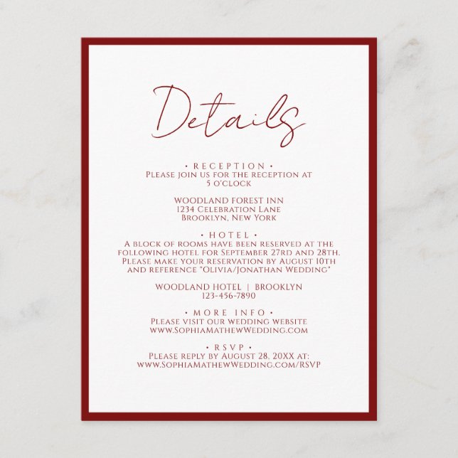 Simple Crimson Red Border Script Wedding Details Enclosure Card (Front)