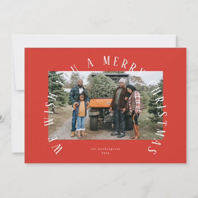Simple Crimson Red Curved Merry Christmas Photo Holiday Card (Front)