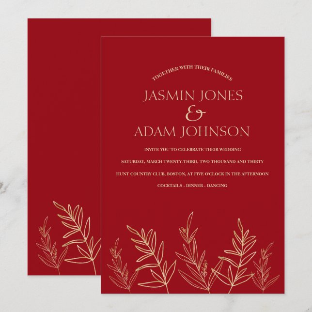 Simple Crimson Red Gold Leaves Wedding Invitation (Front/Back)