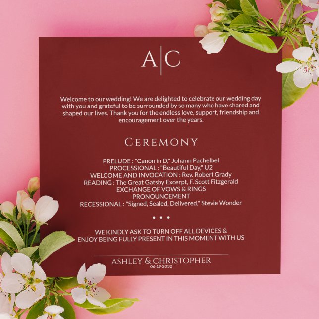 Simple Crimson Red Monogram Wedding Ceremony Programme (Creator Uploaded)