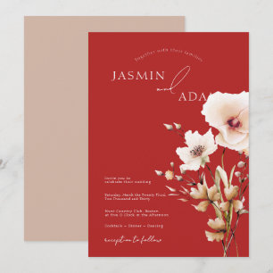 Simple Crimson Red Pink Wildflowers Floral Wedding Invitation