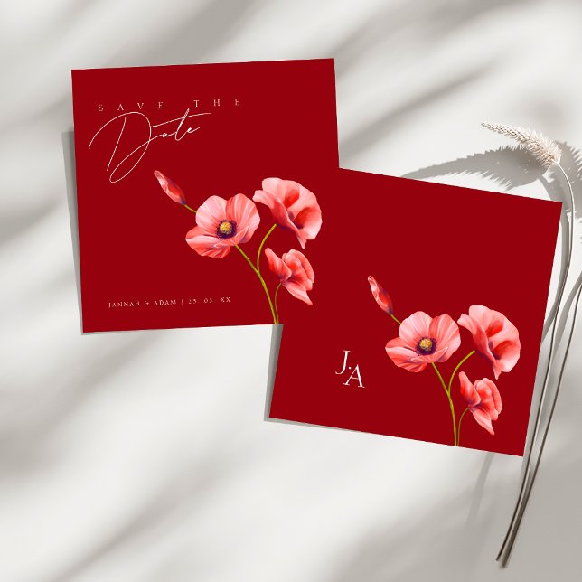 Simple Crimson Red Poppies Floral Wedding Save The Date (Simple Crimson Red Poppies Floral Wedding Save The Date)