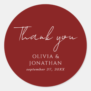 Simple Crimson Red Script Thank You Favour Wedding Classic Round Sticker