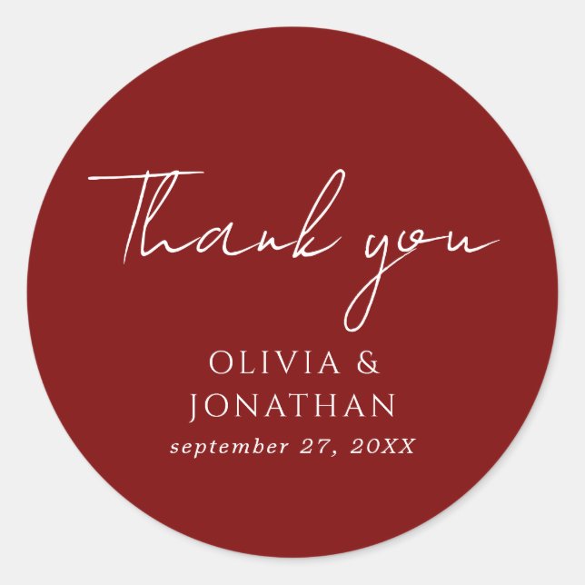 Simple Crimson Red Script Thank You Favour Wedding Classic Round Sticker (Front)