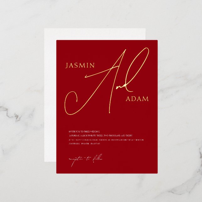Simple Crimson Red Script Wedding Gold Foil Invitation Postcard (Front/Back)